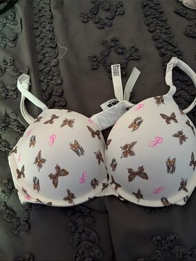 PINK Victoria's Secret White Bra with Butterfly Print and Pink Logo - NWOT
